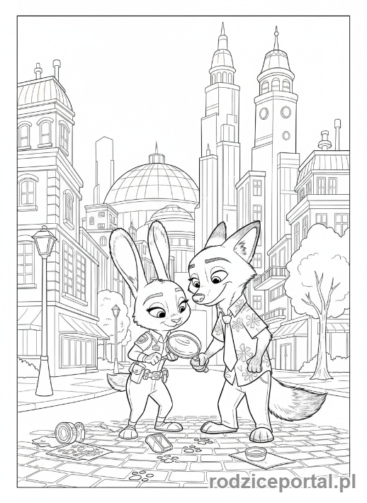 Kolorowanka Zwierzogród - Judy i Nick wspólnie badający ślady w mieście Zwierzogród.