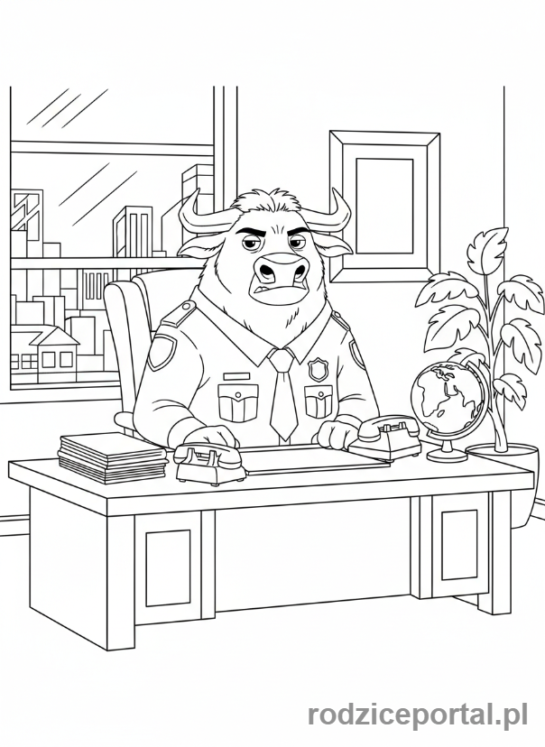 Kolorowanka Zwierzogród - Komendant Bogo siedzący za biurkiem, z poważnym wyrazem twarzy.