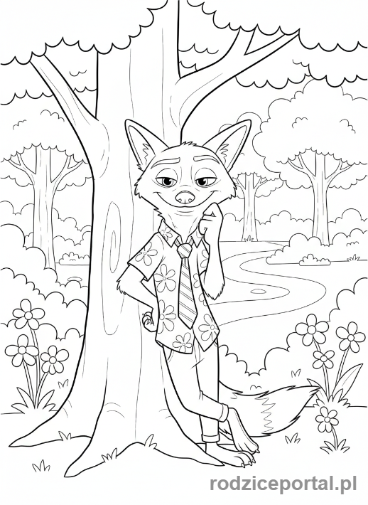 Kolorowanka Zwierzogród - Nick Wilde z cwanym uśmiechem, oparty o drzewo.