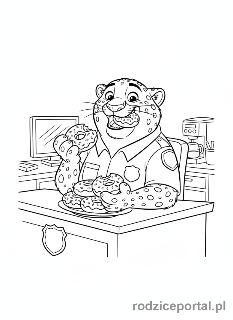 Kolorowanka Zwierzogród - Oficer Clawhauser jedzący pączki za ladą posterunku policji.