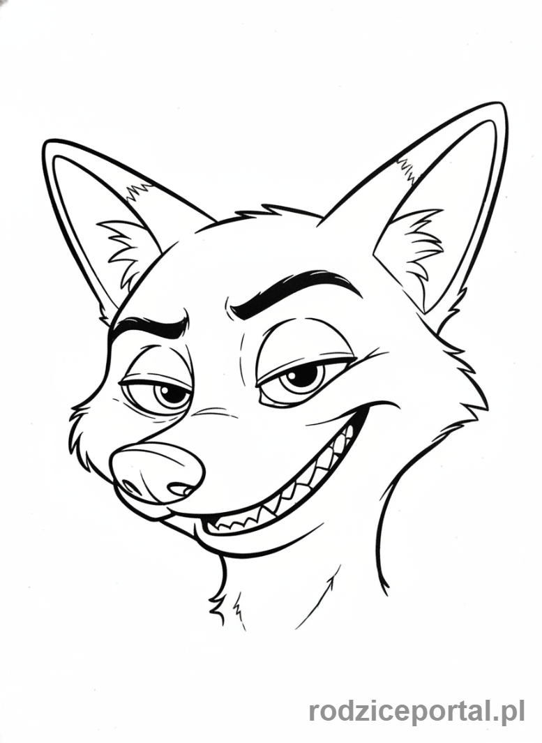 Kolorowanka Zwierzogród - Zbliżenie na Nicka Wilde'a z chytrym, figlarnym uśmiechem.