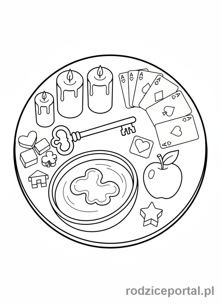 Kolorowanka Andrzejki - Andrzejkowy stół pełen rekwizytów