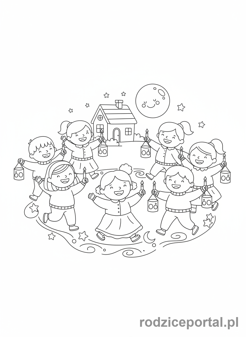 Kolorowanka Andrzejki - Dzieci tańczące z lampionami