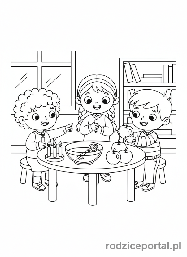 Kolorowanka Andrzejki - Dzieci wokół stołu z wróżbami