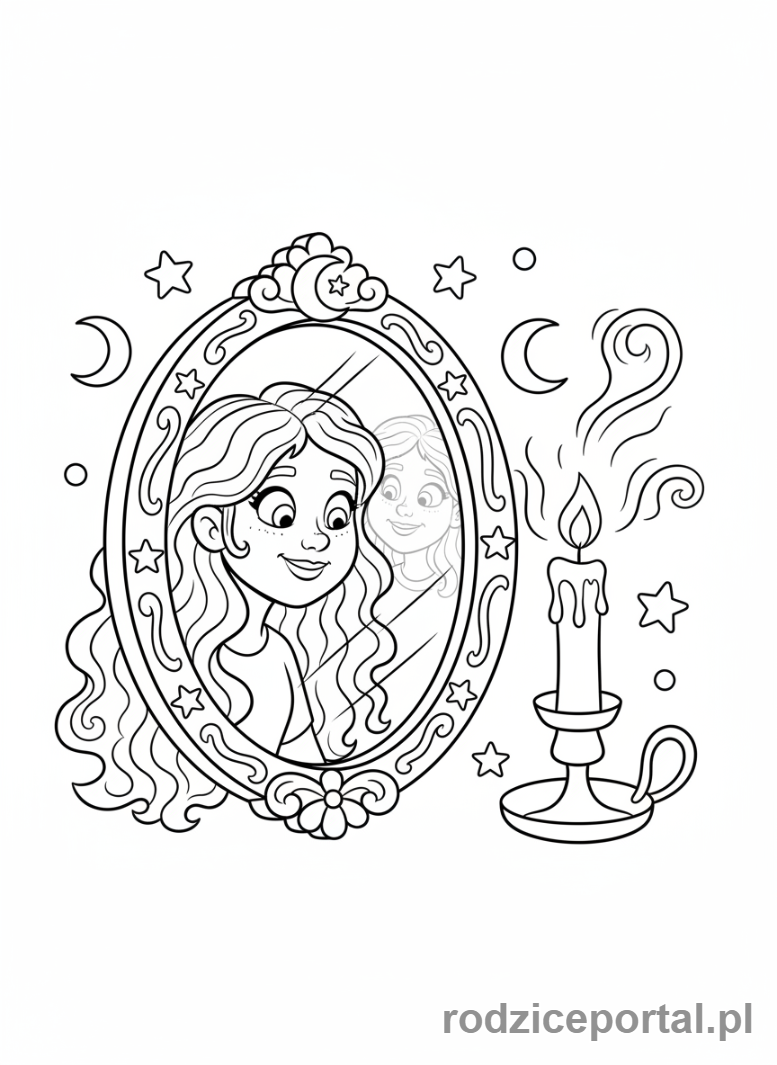 Kolorowanka Andrzejki - Dziewczynka patrząca w lustro