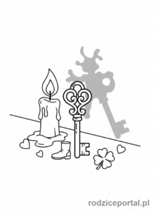 Kolorowanka Andrzejki - Magiczny klucz i cień z wosku