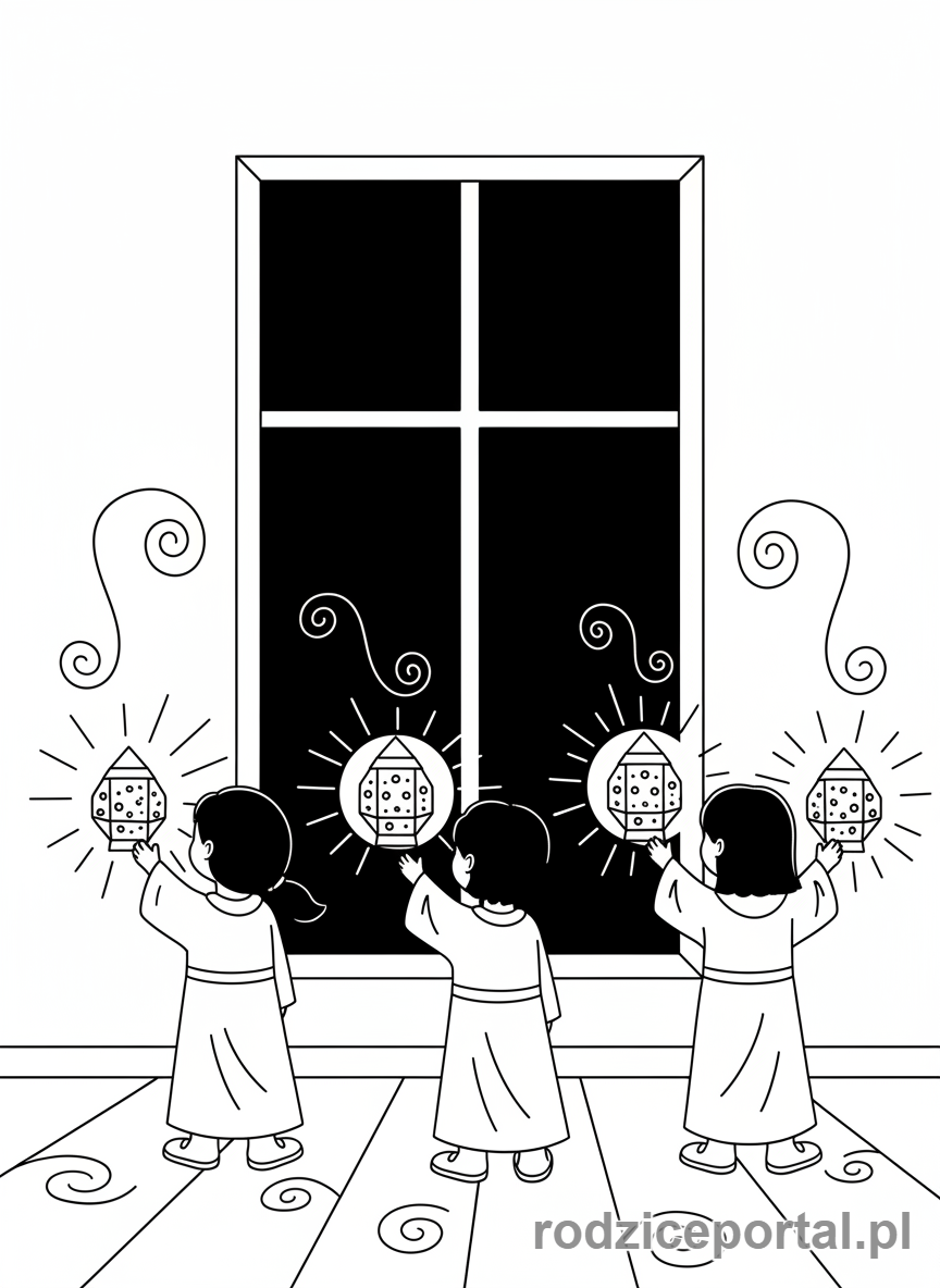 Kolorowanka Andrzejki - Sylwetki dzieci i lampiony