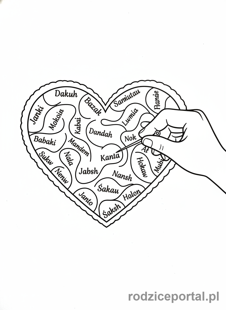 Kolorowanka Andrzejki - Wróżba z sercem i imionami