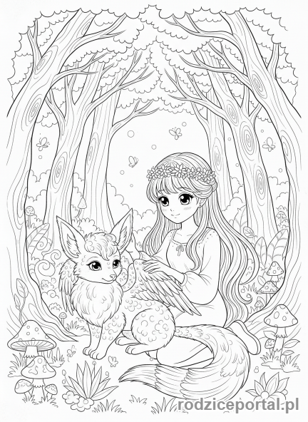 Kolorowanka Anime - Dziewczyna anime i fantastyczne zwierzę