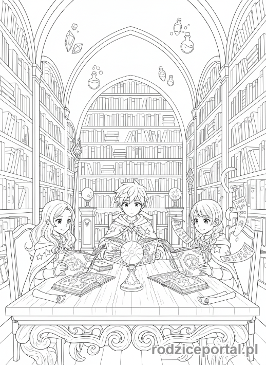 Kolorowanka Anime - Młodzi magowie w bibliotece anime