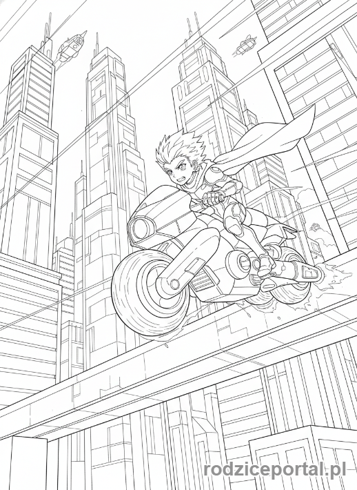 Kolorowanka Anime - Postać anime na latającym motocyklu