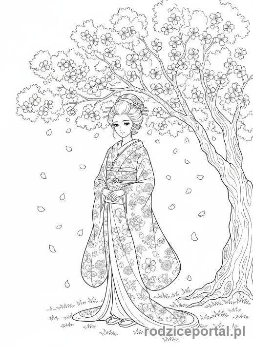 Kolorowanka Anime - Postać anime pod kwitnącą wiśnią