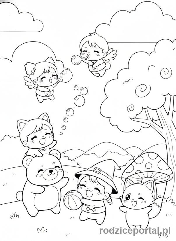 Kolorowanka Anime - Postacie Chibi bawiące się
