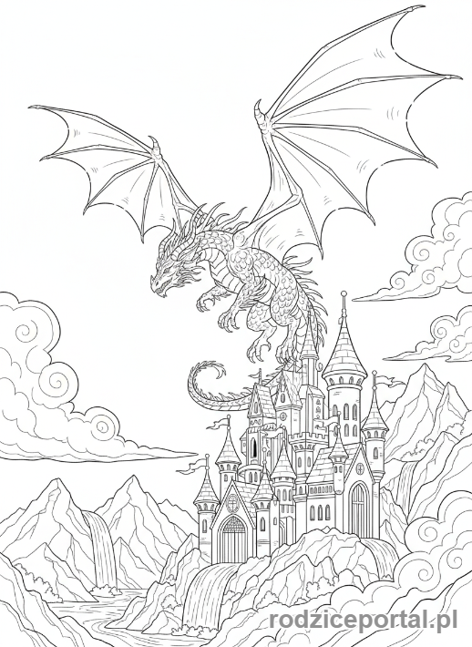Kolorowanka Anime - Smok latający nad zamkiem anime