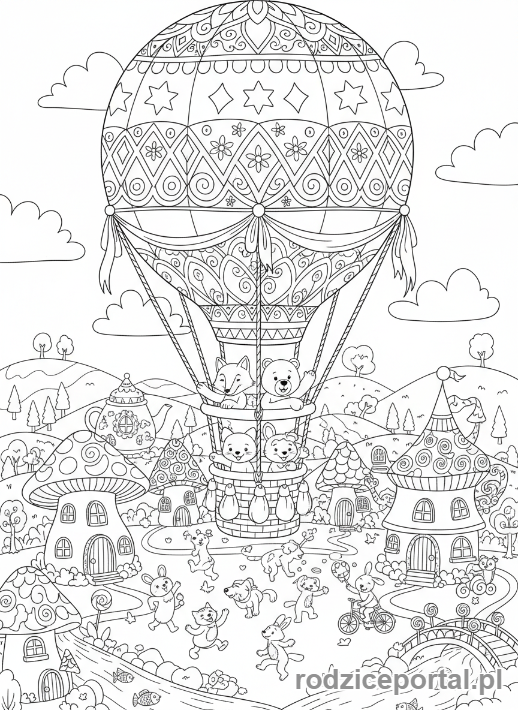 Kolorowanka Antystresowe Dla Dzieci - Balon nad fantastycznym miastem