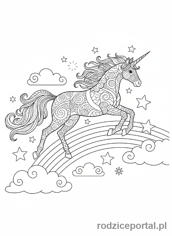 Kolorowanka Antystresowe Dla Dzieci - JednoroÅ¼ec biegnÄ…cy po tÄ™czy