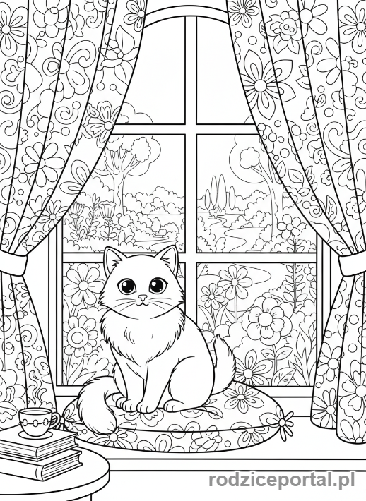 Kolorowanka Antystresowe Dla Dzieci - Kot w oknie przytulnego domu