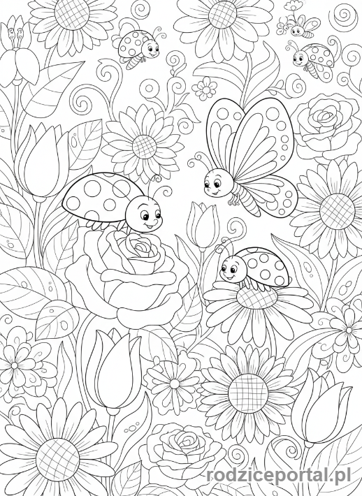 Kolorowanka Antystresowe Dla Dzieci - Ogród z owadami i kwiatami