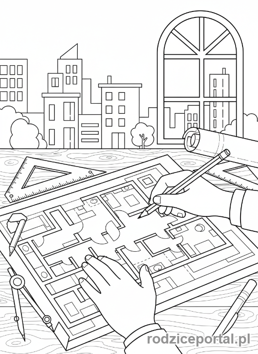 Kolorowanka Architekt - Architekt rysuje plan