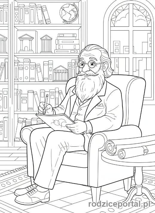 Kolorowanka Architekt - Stary architekt w bibliotece