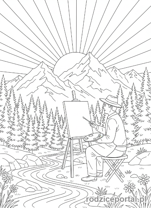 Kolorowanka Artysta - Malarz krajobrazów na łonie natury