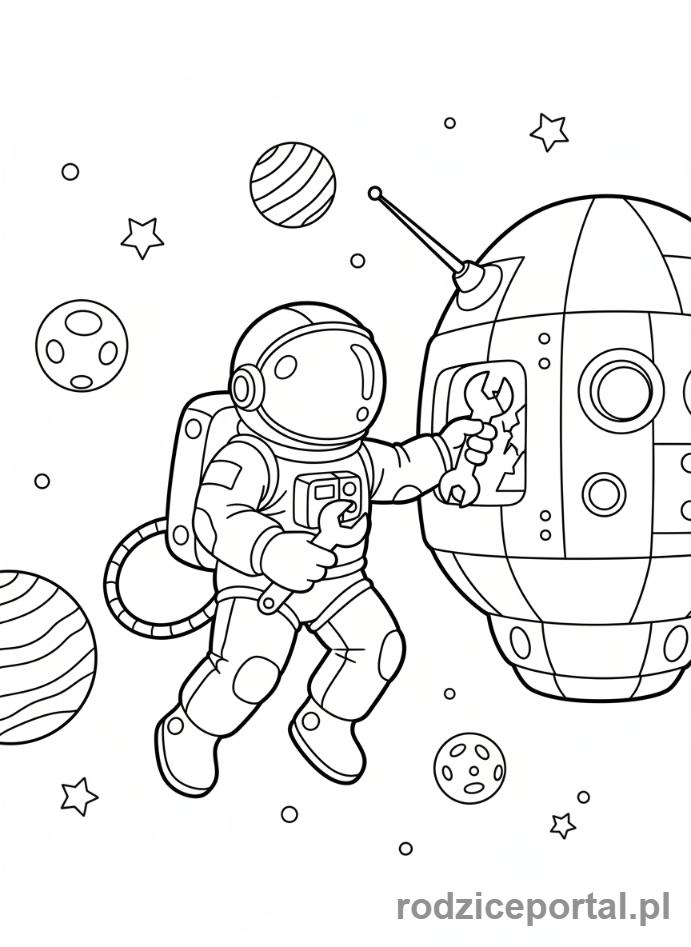 Kolorowanka Astronauta Zawód - Astronauta naprawia statek