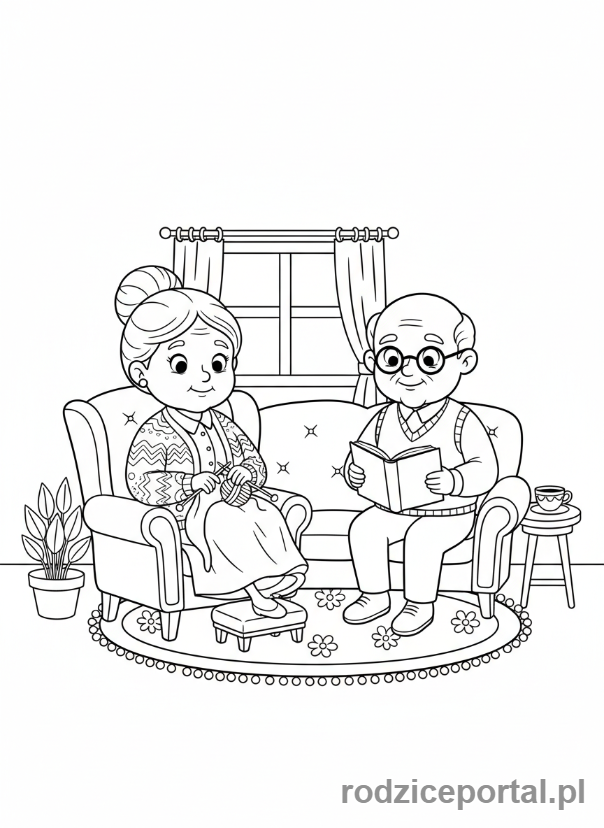 Kolorowanka Babcia I Dziadek - Babcia dzierga, dziadek czyta