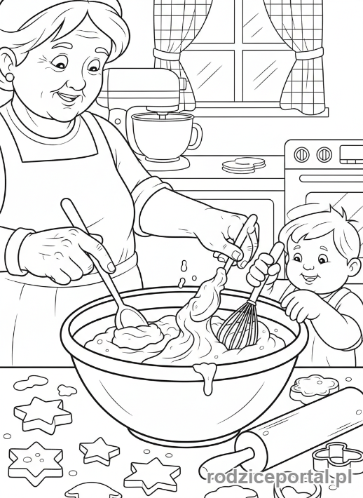 Kolorowanka Babcia I Dziadek - Babcia piecze z wnuczkiem