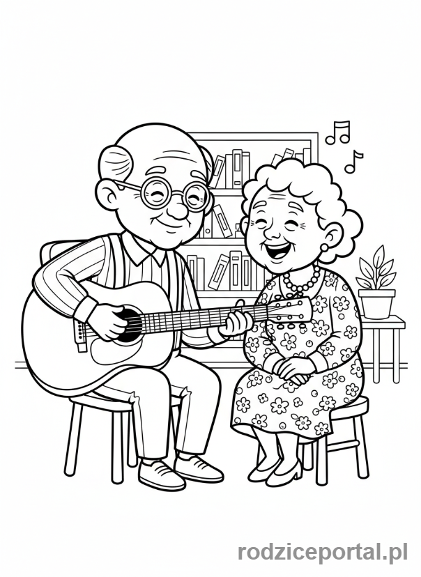 Kolorowanka Babcia I Dziadek - Dziadek gra, babcia spiewa