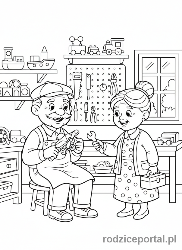 Kolorowanka Babcia I Dziadek - Dziadek naprawia, babcia pomaga