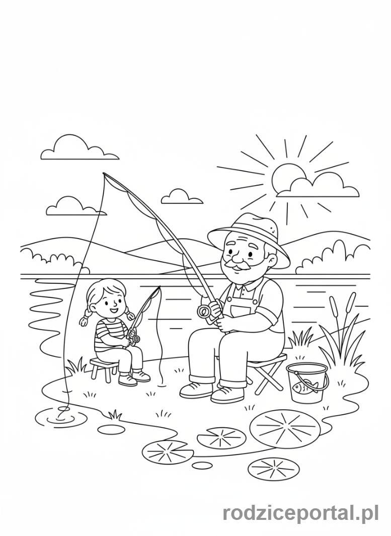 Kolorowanka Babcia I Dziadek - Dziadek wedkuje z wnuczka