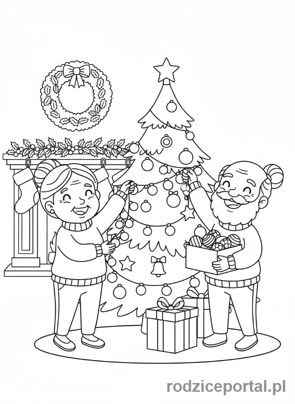 Kolorowanka Babcia I Dziadek - Dziadkowie dekoruja na swieta