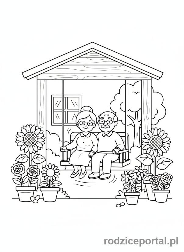 Kolorowanka Babcia I Dziadek - Dziadkowie na hustawce werandowej