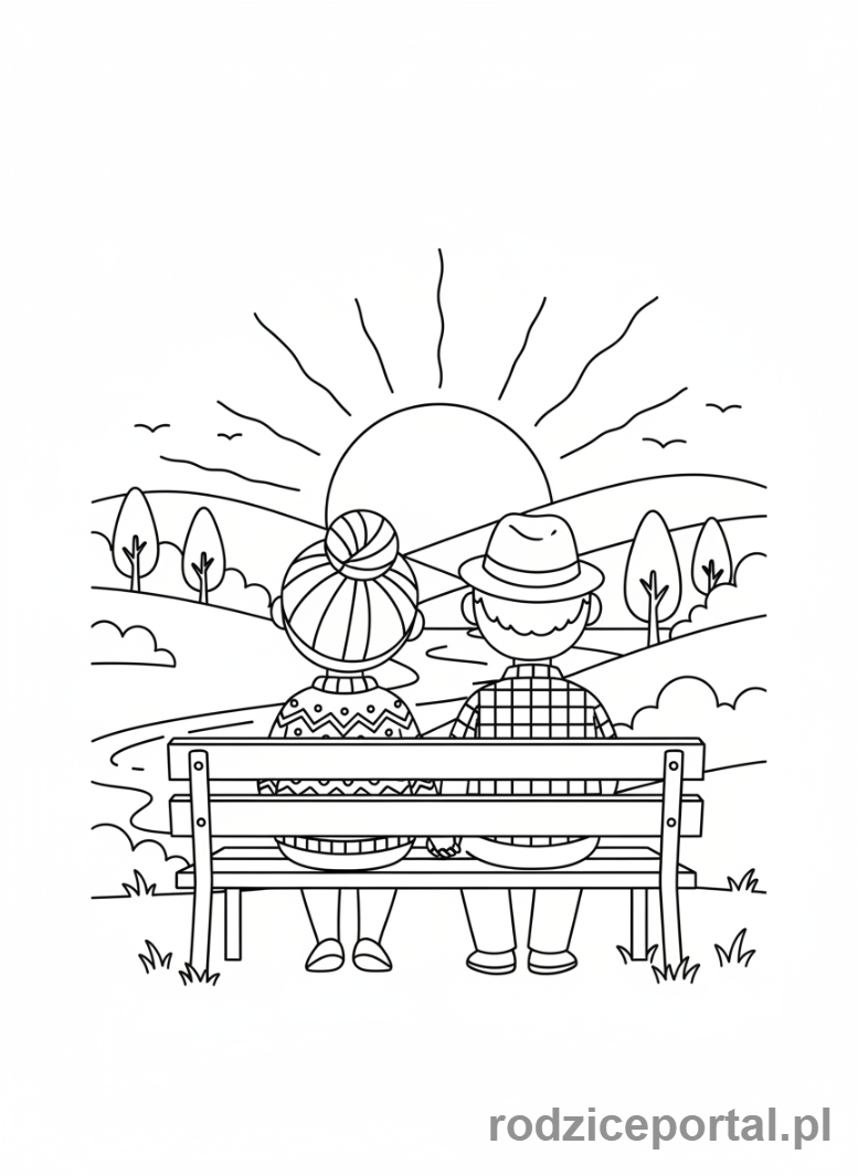 Kolorowanka Babcia I Dziadek - Dziadkowie ogladaja zachod slonca