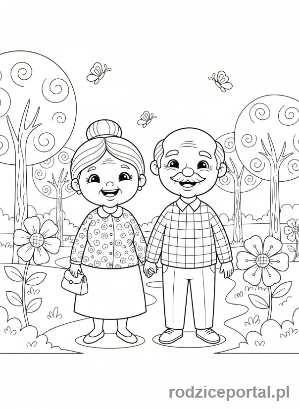 Kolorowanka Babcia I Dziadek - Dziadkowie spaceruja w parku