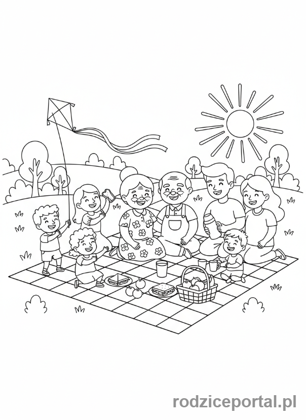 Kolorowanka Babcia I Dziadek - Piknik rodzinny z dziadkami