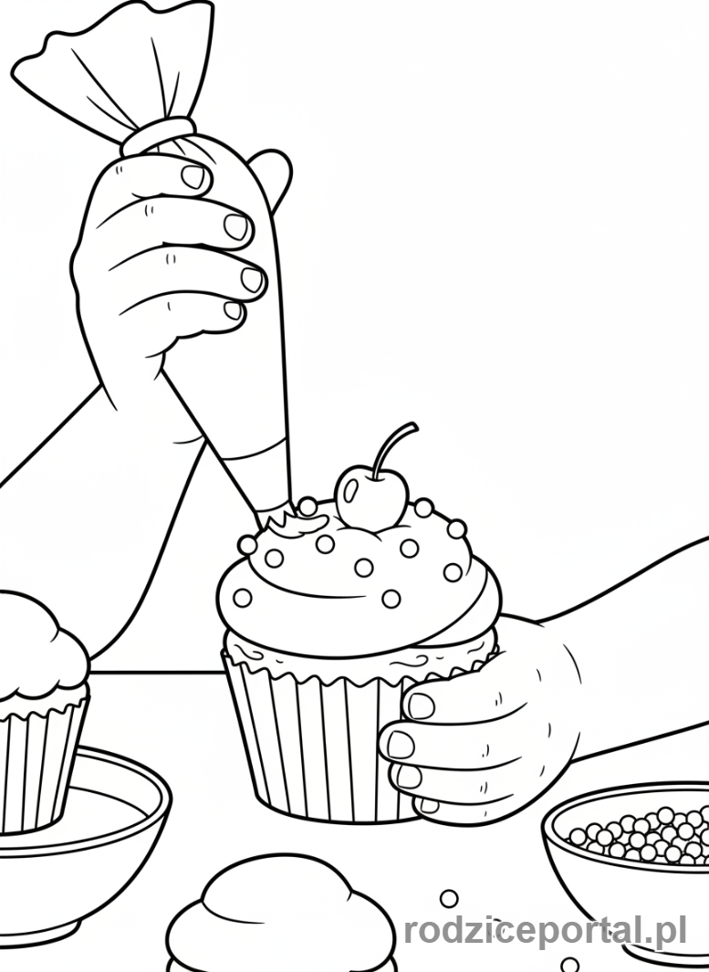 Kolorowanka Babeczka - Dziecko dekoruje babeczkę