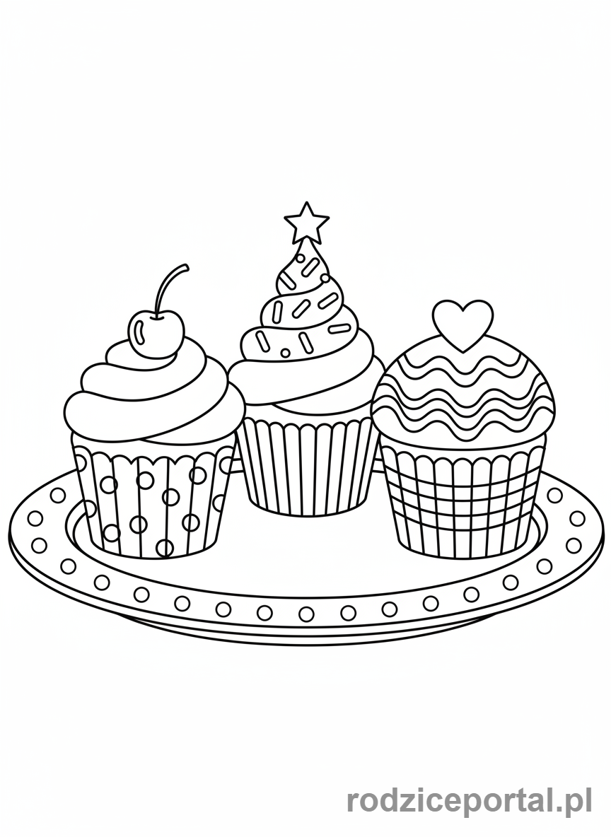 Kolorowanka Babeczka - Trzy babeczki na talerzu