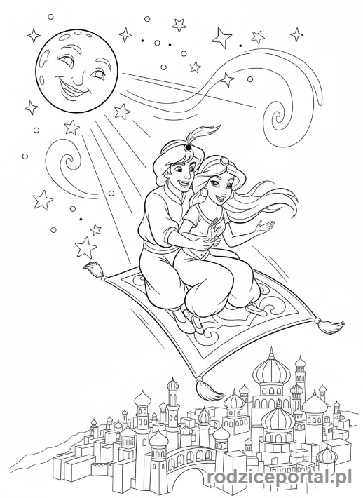 Kolorowanka Bajkowe Sceny - Aladyn na dywanie