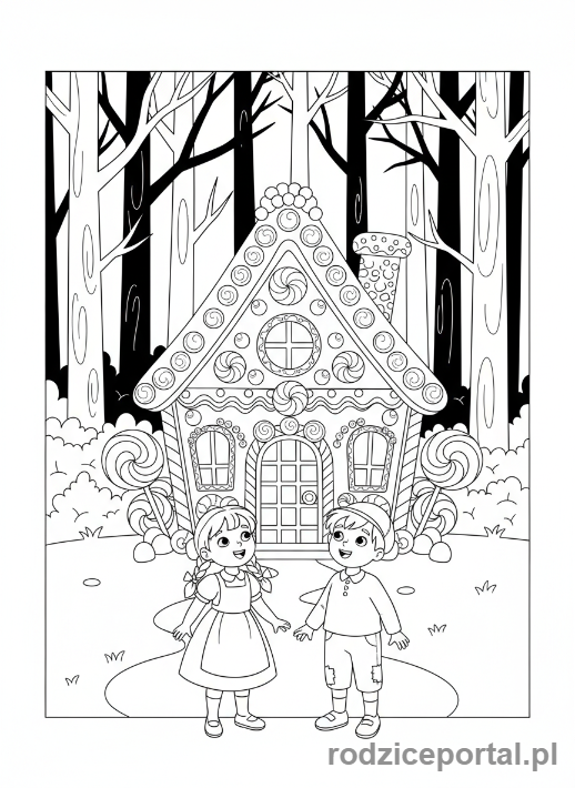 Kolorowanka Bajkowe Sceny - Jaś i Małgosia przy domku