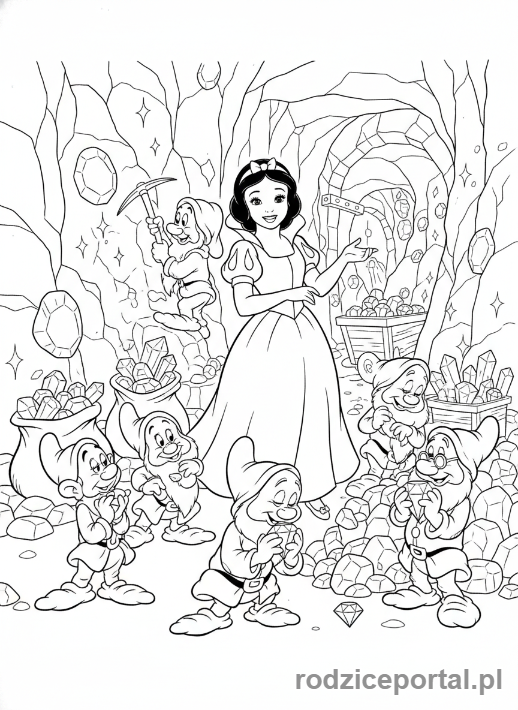 Kolorowanka Bajkowe Sceny - Królewna Śnieżka w kopalni