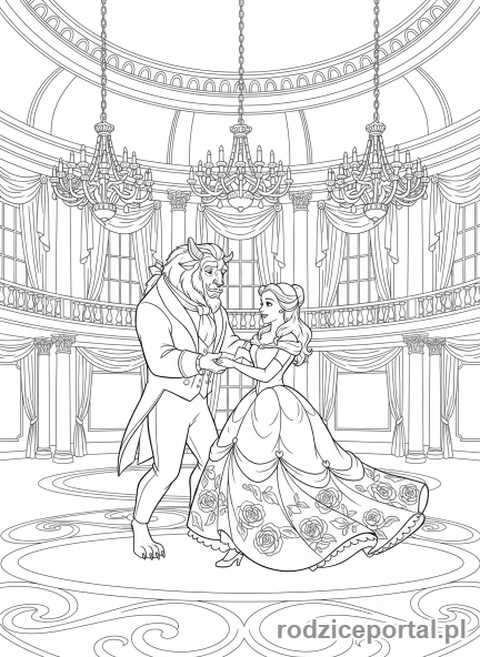 Kolorowanka Bajkowe Sceny - Piękna i Bestia taniec