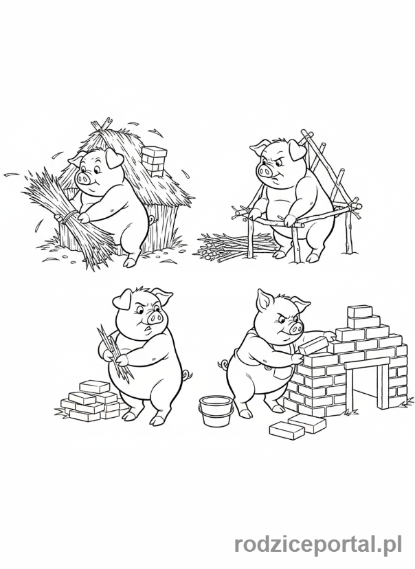 Kolorowanka Bajkowe Sceny - Trzy Świnki budują