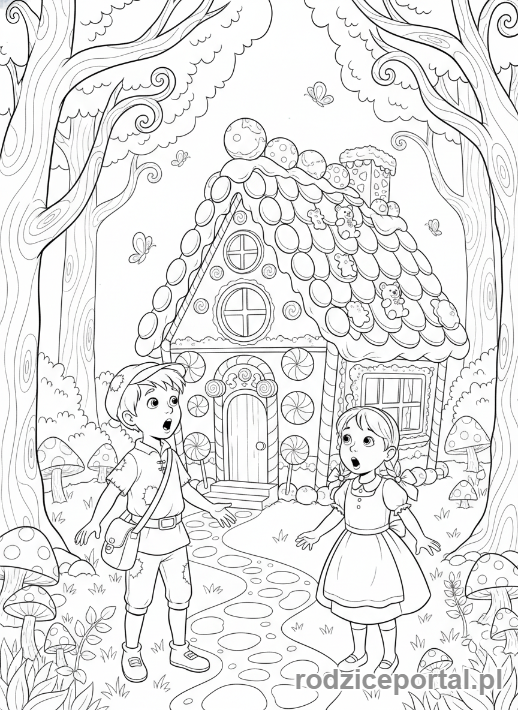 Kolorowanka Baśnie Klasyczne - Jaś i Małgosia i domek z piernika