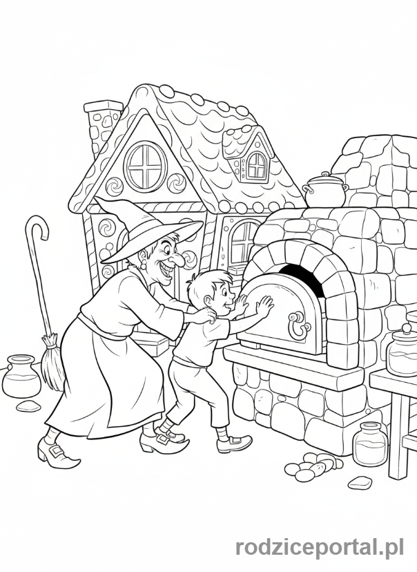 Kolorowanka Baśnie Klasyczne - Jaś w piecu z czarownicą
