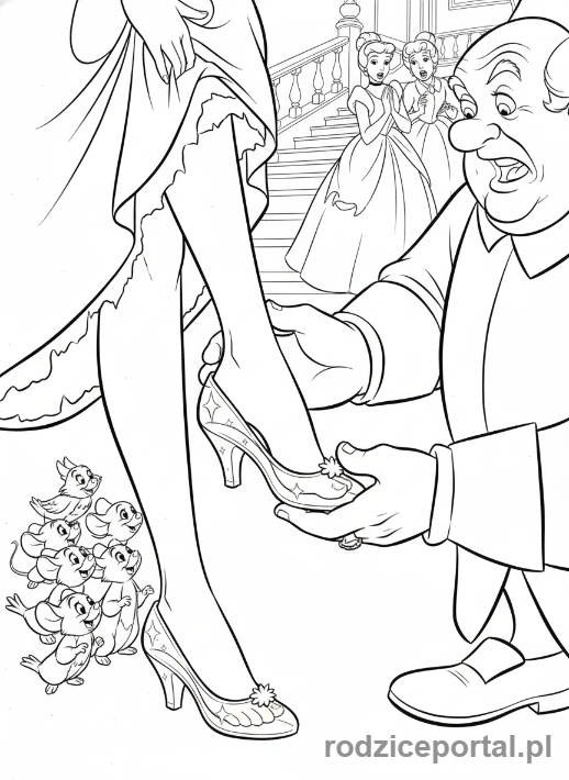 Kolorowanka Baśnie Klasyczne - Kopciuszek przymierza pantofelek