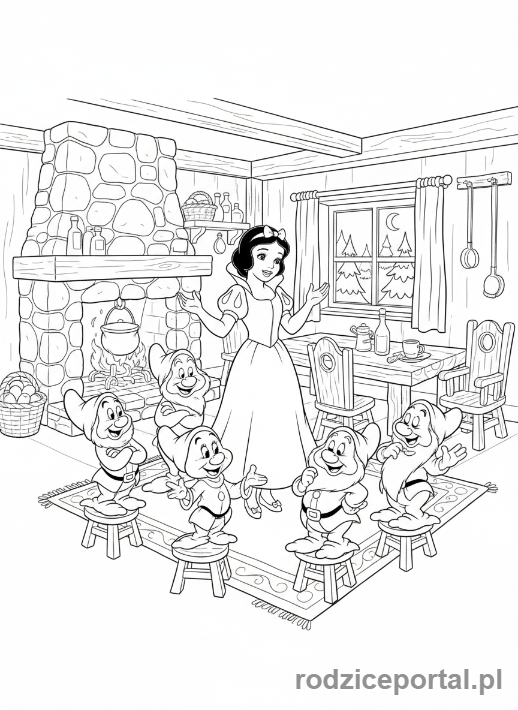 Kolorowanka Baśnie Klasyczne - Królewna Śnieżka z krasnoludkami