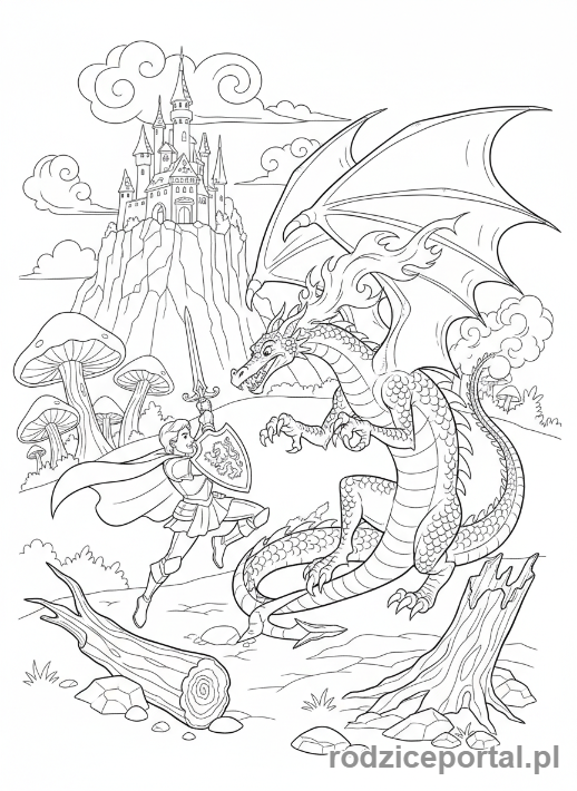 Kolorowanka Baśnie Klasyczne - Książę Filip walczy ze smokiem