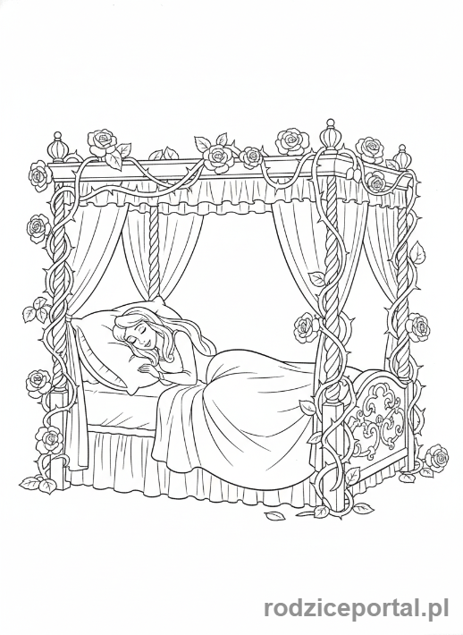 Kolorowanka Baśnie Klasyczne - Śpiąca Królewna w łóżku
