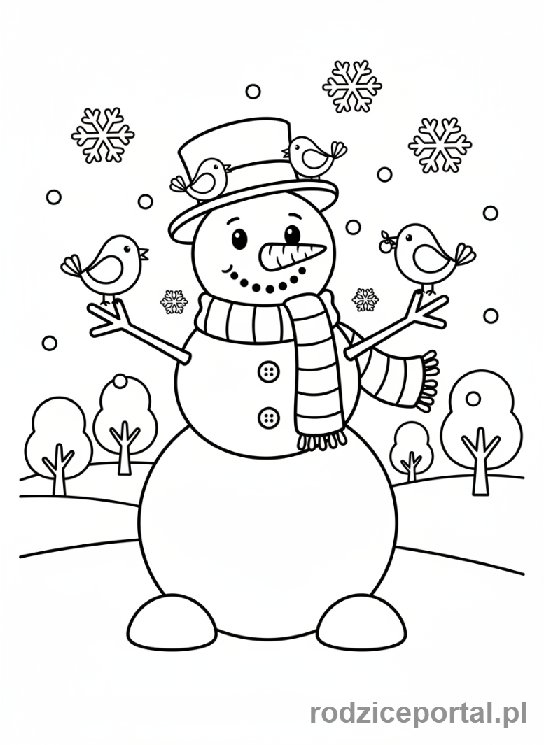 Kolorowanka Bałwan - Bałwan z ptaszkami